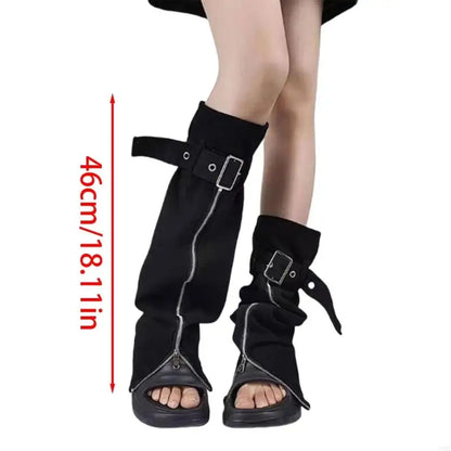 Women Jeans Black Leg Warmers with Buckled Straps Punk Denims Flared Boot Cover Slit Zippers Baggy Long Socks Streetwear