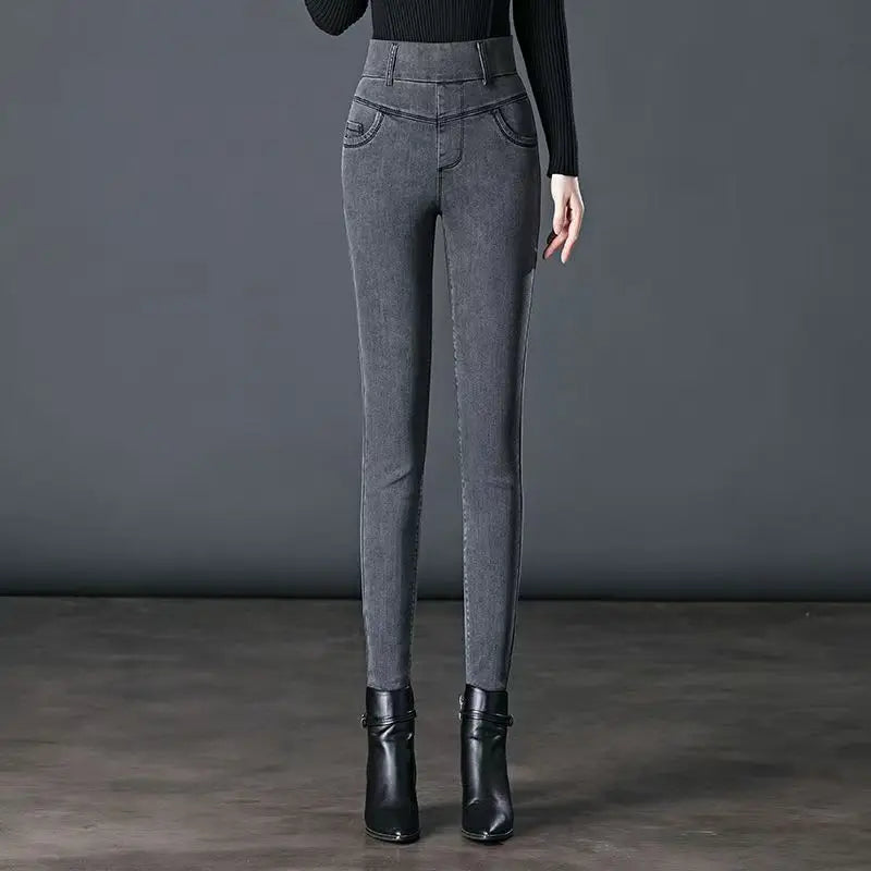 Elastic Waist Jeans Women New Fashion High-waist Stretch Pants Versatile Casual Pencil Solid-color Trousers