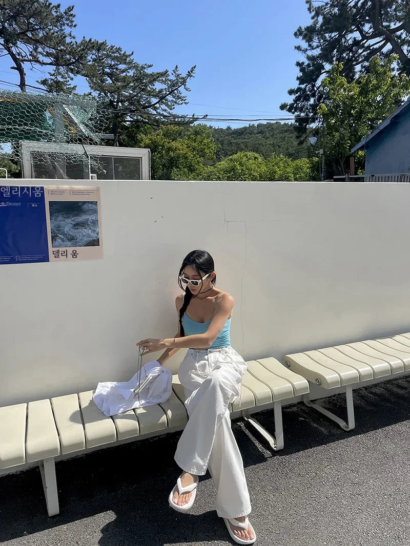 Korean Ins Retro Versatile High Waist Women's Straight Leg Jeans Summer New Fashion Loose Drawstring Design Women Wide Leg Jeans