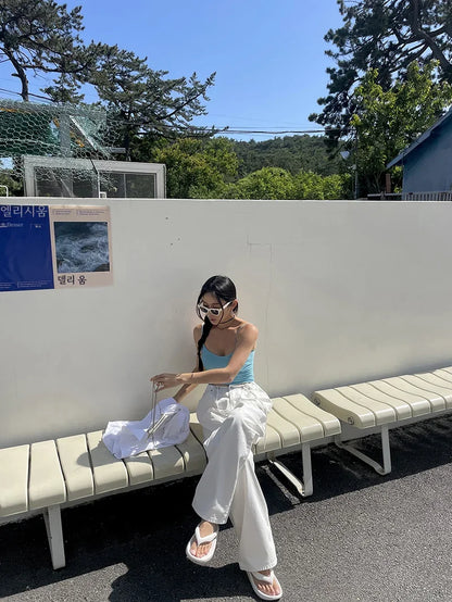 Korean Ins Retro Versatile High Waist Women's Straight Leg Jeans Summer New Fashion Loose Drawstring Design Women Wide Leg Jeans