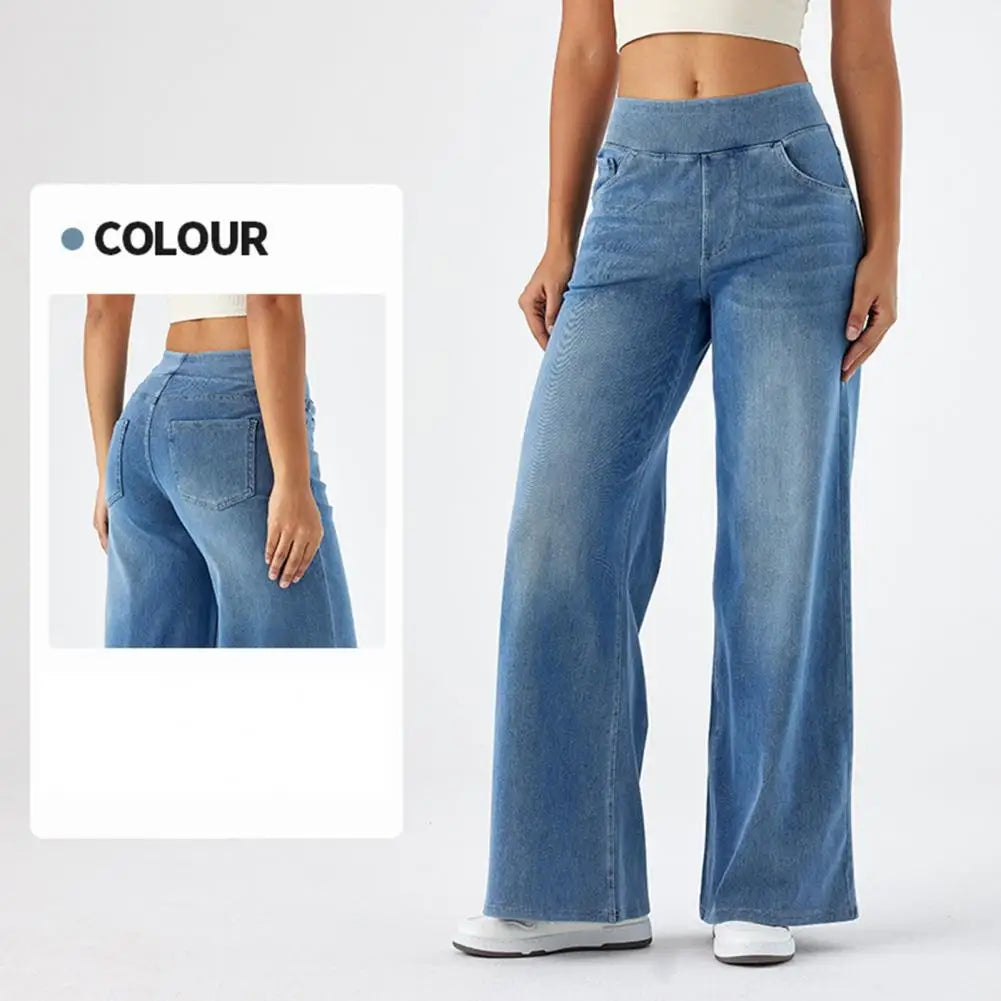 Women Jeans With Pockets Elastic High Waist Solid Color Full Length Pants Straight Wide Leg Trousers Sweatpant Daily Commuting
