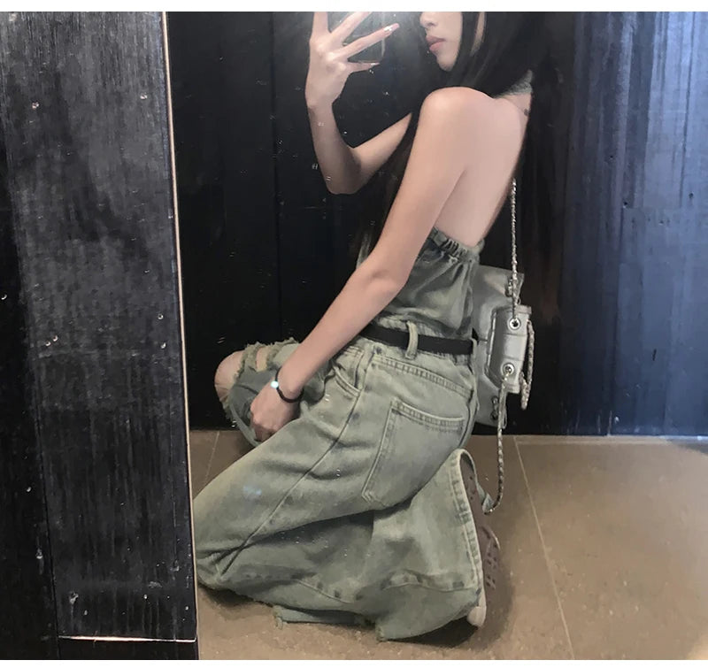 Women's Casual Denim Overalls Vintage Button Down Sexy Backless Holes Hollow Out Ripped Denim Full Pants Female 2024 New Jeans