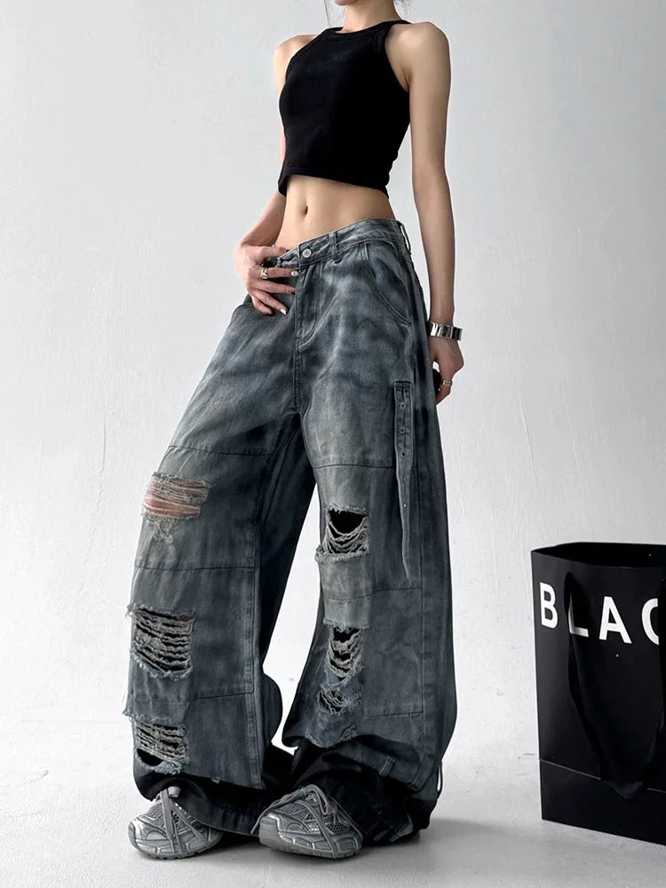 Women Tie Dye Ripped Jeans Woman Abandoned Soil Style Wide Leg Pants Summer Loose Workwear Denim Retro Vintage Trousers
