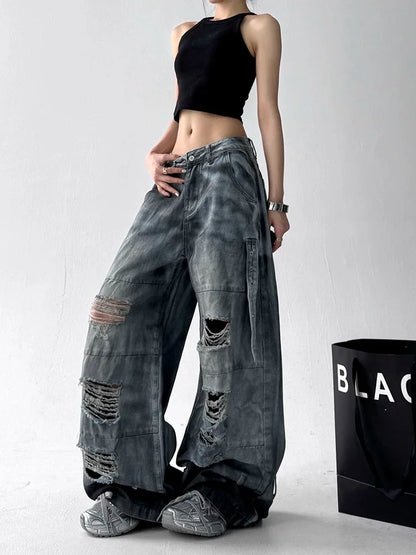 Women Tie Dye Ripped Jeans Woman Abandoned Soil Style Wide Leg Pants Summer Loose Workwear Denim Retro Vintage Trousers
