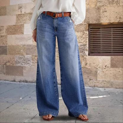 Jeans Women Wide Leg Pants Streetwear Floor Length High Waist Vintage Distressed Washed Embroidery Pockets Denims Trousers