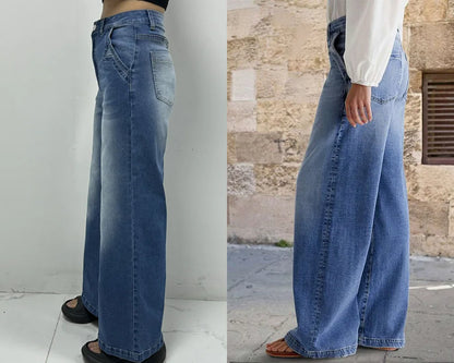 Jeans Women Wide Leg Pants Streetwear Floor Length High Waist Vintage Distressed Washed Embroidery Pockets Denims Trousers