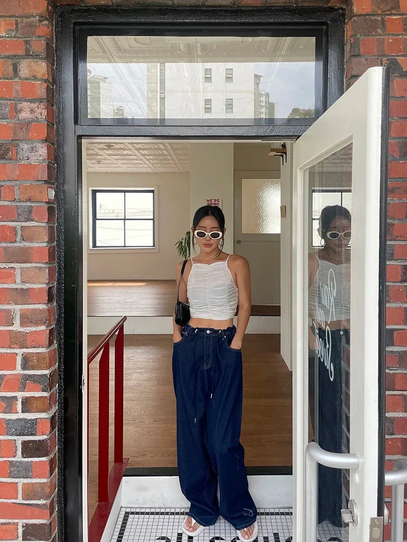 Korean Ins Retro Versatile High Waist Women's Straight Leg Jeans Summer New Fashion Loose Drawstring Design Women Wide Leg Jeans