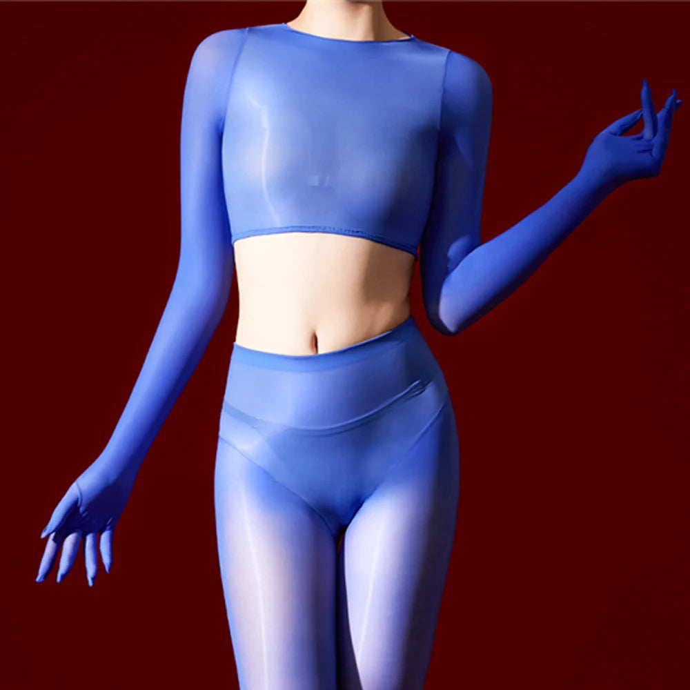 Sexy Women 5D 912 Pin Glove Sleeve Short Top Elastic T-shirt Sheer See Through Maid Tights Oil Glossy Shiny Crop Tops Yoga Wear