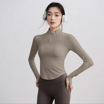 Gym Coat Shirts Stand-up Collar Half Zipper Slim Sports Top T-shirt Thin Activewear Yoga Breathable Long-sleeved Fitness Clothes