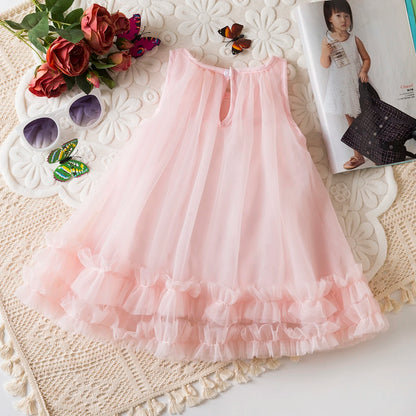 Toddler Girl Princess Dress Pink Flower Decorated Sleeveless Gauze Dress Elegant Girl Wedding Party Dress for Party