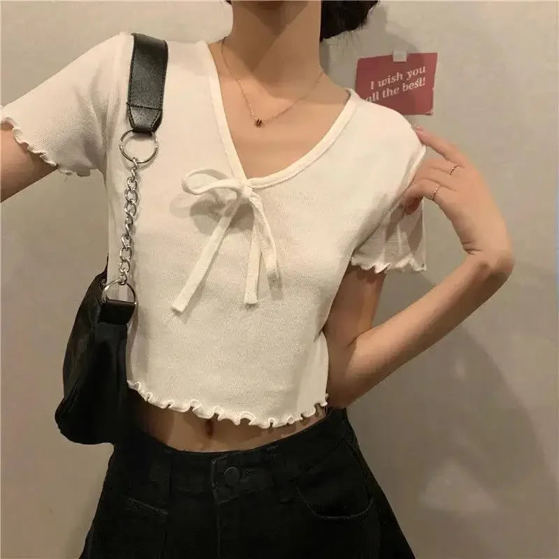 Tops Woman Short Sleeve T Shirt for Women V Neck New in Knitwears Plain Sexy Crop Korean Fashion Reviews Clothes Many Polyester