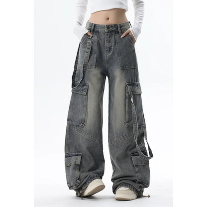 Women Blue Jeans Cargo Pants Streetwear High Waist Wide Leg Pants Fashion Y2K Style Female Winter Straight Trousers