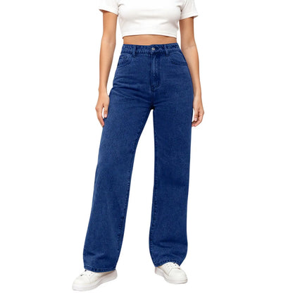 Women'S Straight Jeans Solid Color Distressed High Waist Design Retro Trousers American Hot Girl Style Pants Daily Street Wear