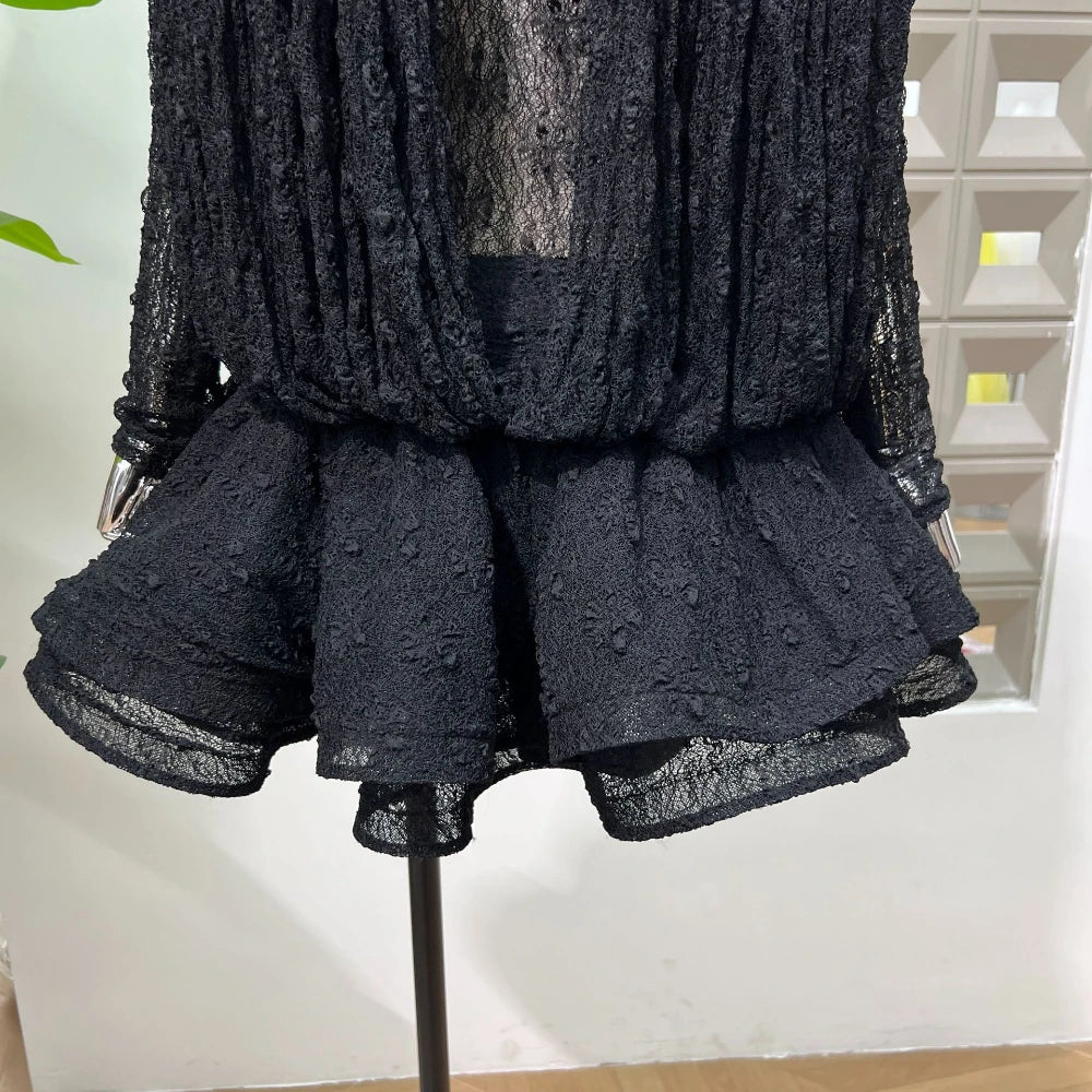 Chic Sheer Three Pieces Mini Dresses For Women Sexy O Neck Long Sleeve Tops Shorts Celebrity See Through Birthday Luxury Outfit