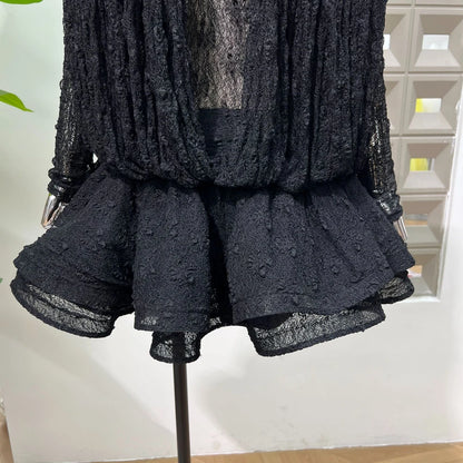 Chic Sheer Three Pieces Mini Dresses For Women Sexy O Neck Long Sleeve Tops Shorts Celebrity See Through Birthday Luxury Outfit