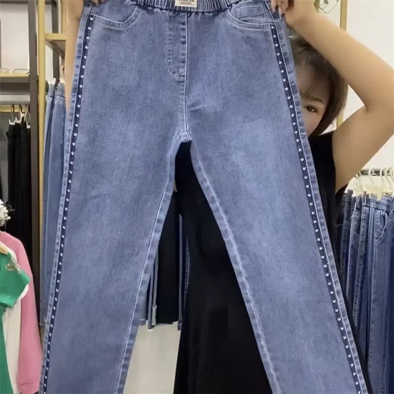 Fashion Women Jeans 2025 New Spring Autumn Korean Wild Elastic Waist Straight Denim Pants Female Trousers Female