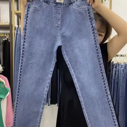 Fashion Women Jeans 2025 New Spring Autumn Korean Wild Elastic Waist Straight Denim Pants Female Trousers Female