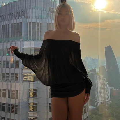 Fashion Off Shoulder Sheer Mini Dress Outfits For Women Hot Sexy Long Sleeve Ruched Party Dresses Bodycon Solid Color Robe Femme