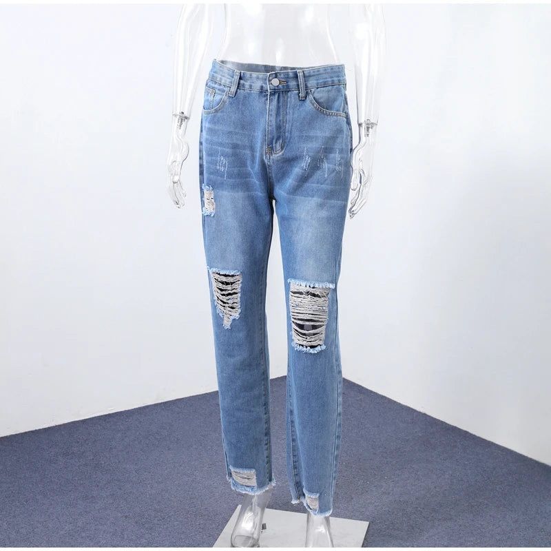 Casual Straight Jeans Women High Waisted Washed Skinny Ripped Slim Denim Pants 2025 Autumn Fashion Trend Commute Lady Trousers