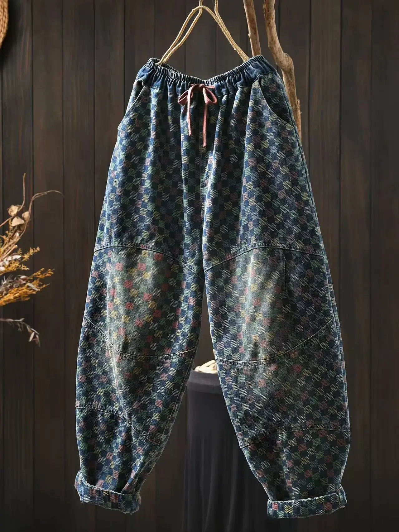 Women Casual Boyfriend Jeans New Arrival 2025 Autumn Vintage Style Plaid Pattern Loose Female Denim Harem Pants M1854