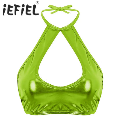 Femme Womens Fashion Top Women Shiny Metallic Faux Leather Sleeveless Halter Neck Cut Out Strappy Crop Tops Sexy Clubwear Vest