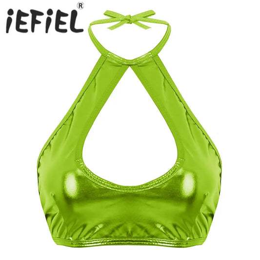 Femme Womens Fashion Top Women Shiny Metallic Faux Leather Sleeveless Halter Neck Cut Out Strappy Crop Tops Sexy Clubwear Vest
