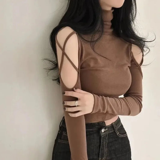 Tops Woman Slim Off Shoulder Sexy Crop Brown Long Sleeve T Shirt for Women Turtleneck Clothing Female Harajuku Fashion Korean
