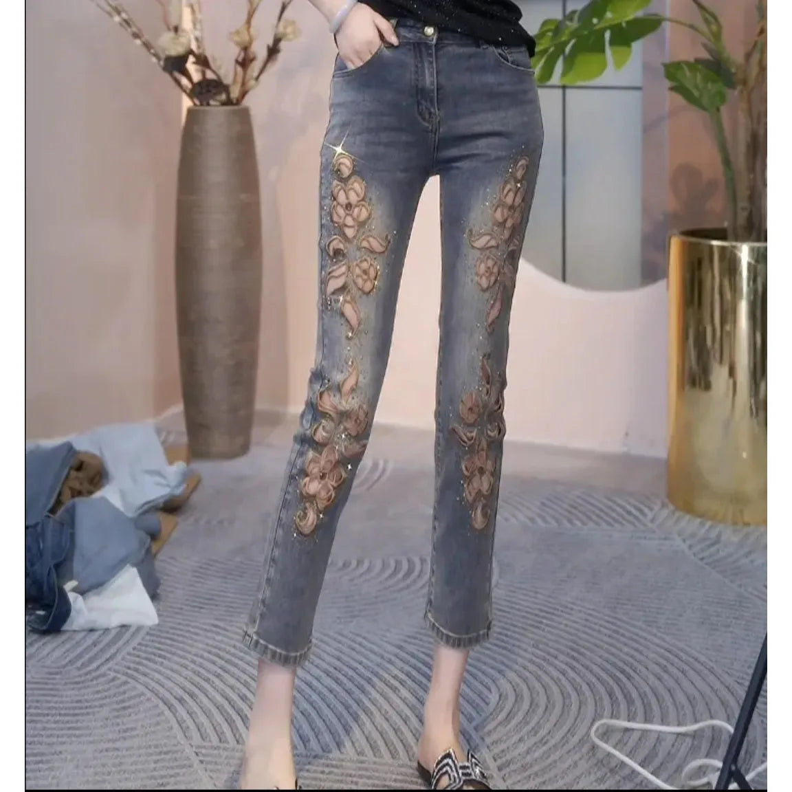 2025 Summer New Fashion Hollow Embroidered Jeans For Women Heavy Industry High Waist Slim Ankle-Length Pants Ladies Denim Pants