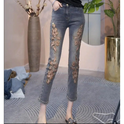 2025 Summer New Fashion Hollow Embroidered Jeans For Women Heavy Industry High Waist Slim Ankle-Length Pants Ladies Denim Pants