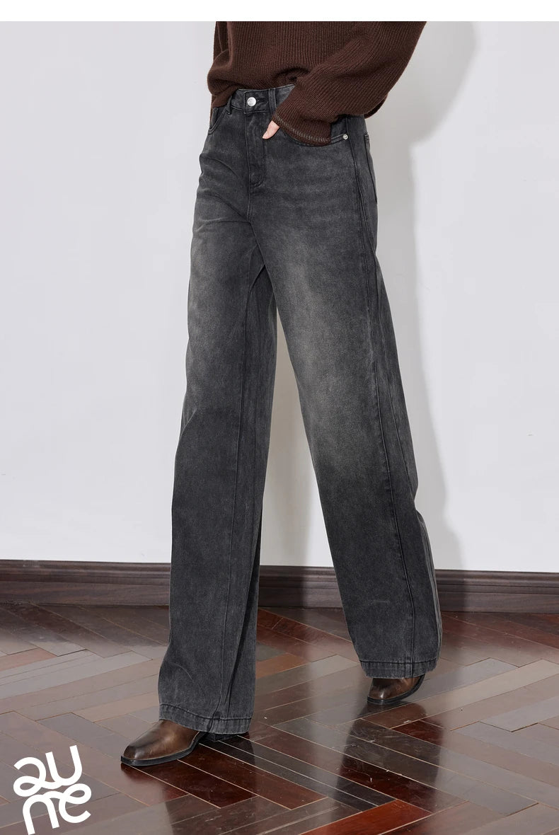 TOYOUTH Women Denim Jeans 2024 Autumn Winter New Mide Waist Straight Wide Leg Long Pants