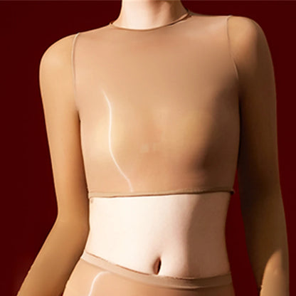 Sexy Women 5D 912 Pin Glove Sleeve Short Top Elastic T-shirt Sheer See Through Maid Tights Oil Glossy Shiny Crop Tops Yoga Wear