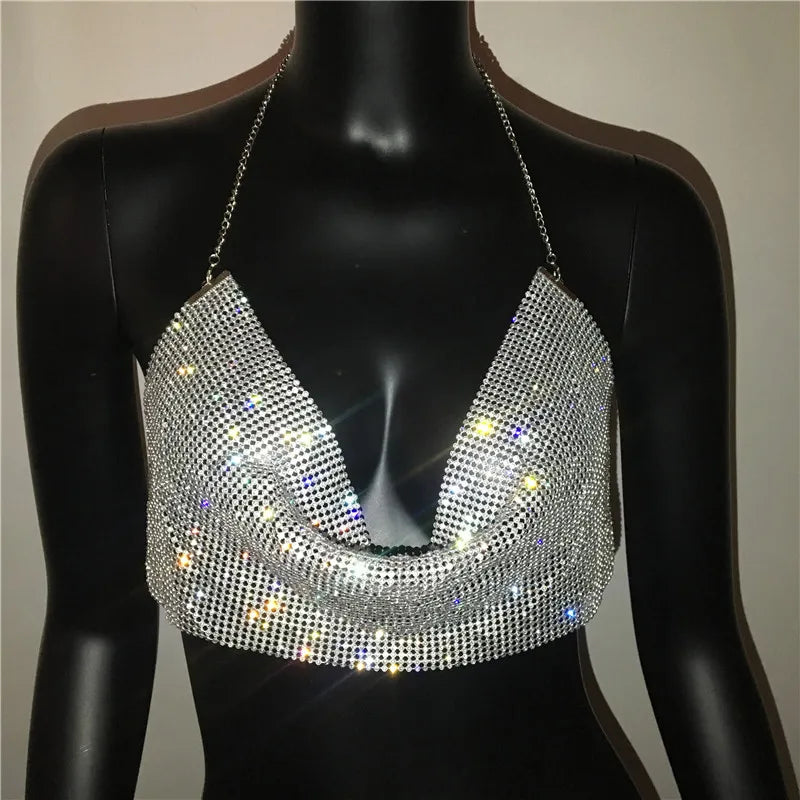 Shiny Rhinestone Tank Tops For Women Sexy Deep V Neck Backless Crop Tops For Women Rave Party Nightclub Camisole Y2K New