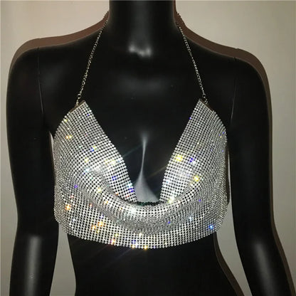 Shiny Rhinestone Tank Tops For Women Sexy Deep V Neck Backless Crop Tops For Women Rave Party Nightclub Camisole Y2K New