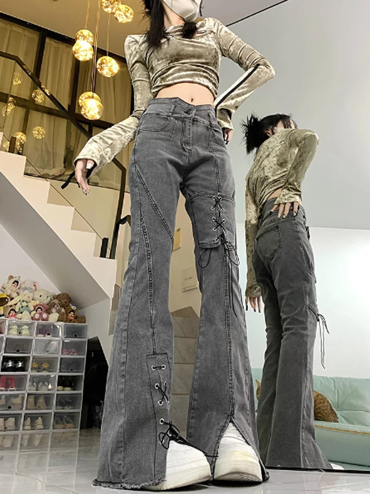 Women's Y2k Flare Jeans Baggy Trashy Aesthetic Lace-up Denim Trousers Harajuku Jean Pants Vintage Japanese 2000s Style Clothes