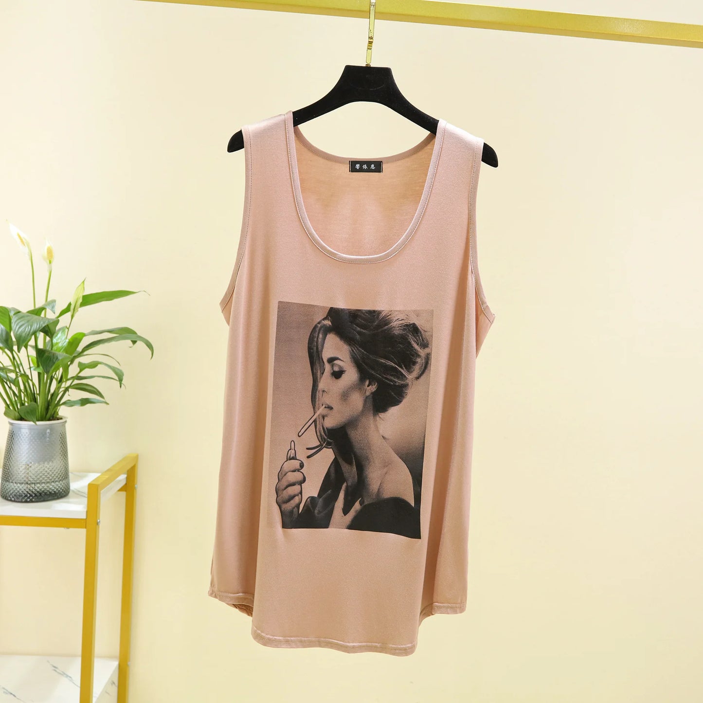 Women Long Tank Tops O-Neck Fashion Print Beauty's Head Casual Loose sleeveless T-shirt streetwear camis tops