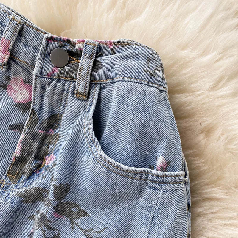 Flowers Print Jeans Women Vintage High Waist Denim Long Pants 2025 Fashion Autumn Casual Wide Leg Full Length Denim Trousers