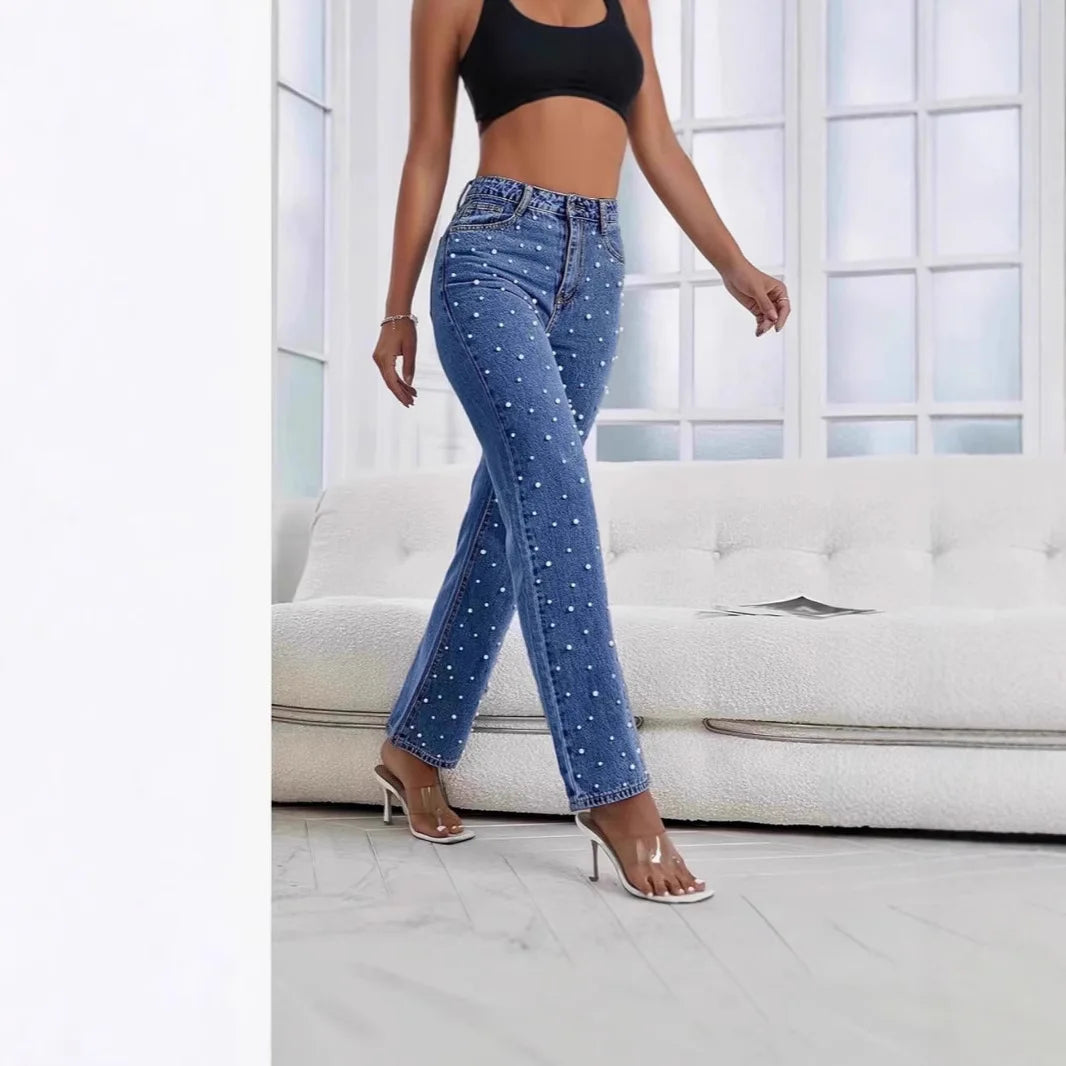 New 2026 Women's Jeans Pants Beading High Waist Casual Straight Pants for Women Streetwear Elegant Splice Denim Female Trousers