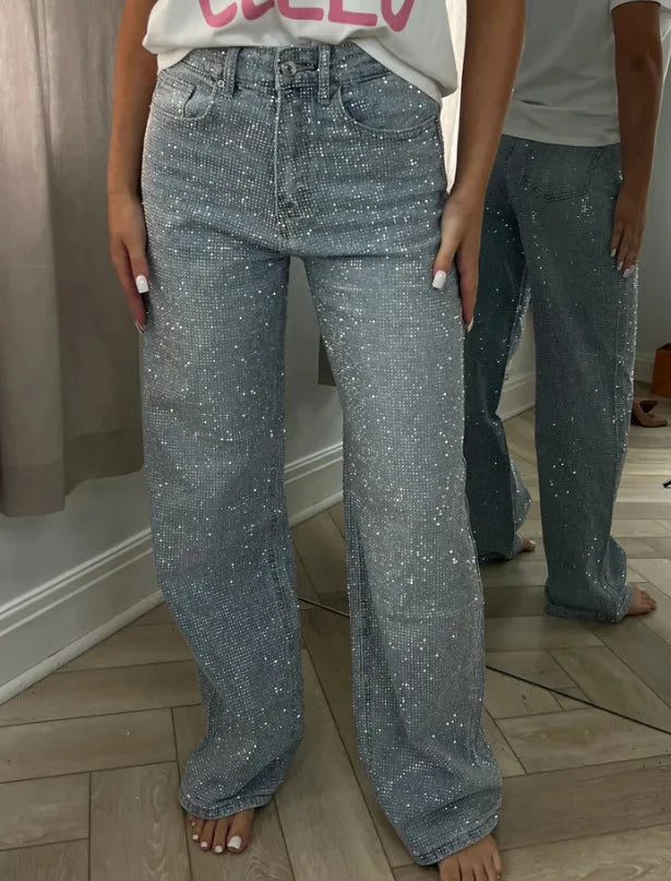 Jeans for Women Straight Diamonds Pants Stretch High Waist Washed Mom Jeans Vintage Denims Streetwear Y2k Streetwear Trousers