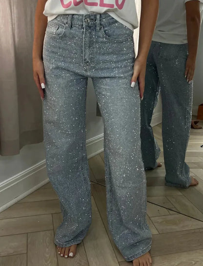 Jeans for Women Straight Diamonds Pants Stretch High Waist Washed Mom Jeans Vintage Denims Streetwear Y2k Streetwear Trousers