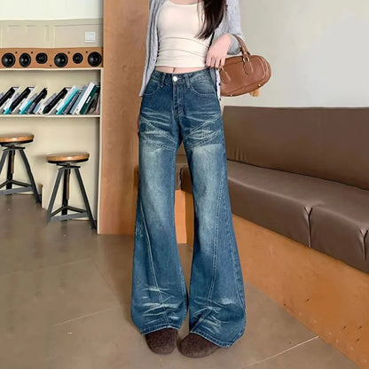 Woman High Waist Vintage Flare Jeans Korean Fashion Slimming Washed Denim Pants Women Y2K 2000S Streetwear Wide Leg Trousers