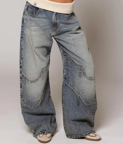 Women's Hip Hop Splice Fashion Basics Retro Jeans Simple Dressing Up Daily Necessary Wide Leg Pants Baggy Cargo Pants