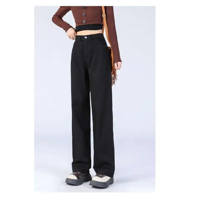 Woman Vintage Wide Leg Jeans Girls High Waist Pants Female Fashion Black Black Grey Retro Blue Light Blue Pink Denim Trousers