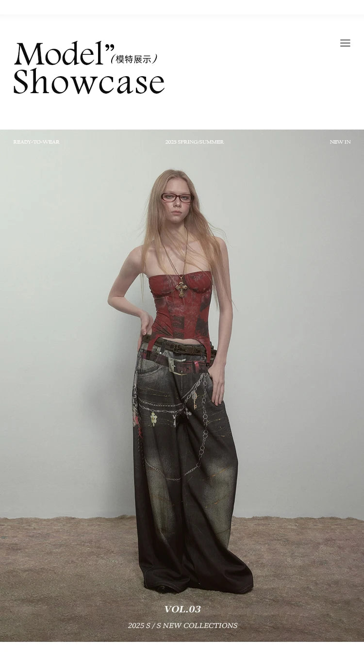 High Quality Hot Selling Wholesale 2025 New Virtual Digital Printed Retro Fashionable Personalized Wide Leg Jeans Pants Women