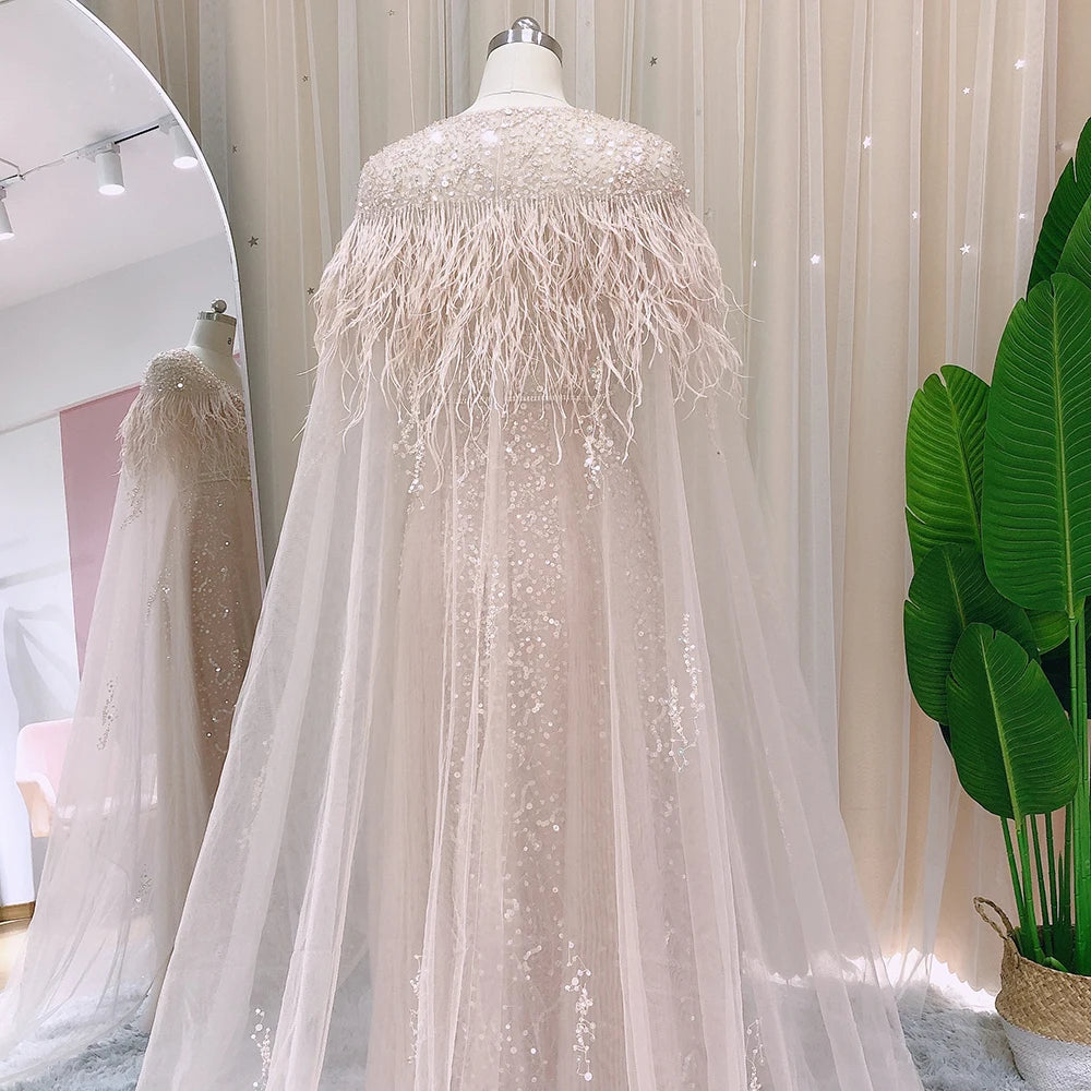 Sharon Said Dubai Luxury Silver Grey Evening Dresses with Feather Cape Shawl Arabic Women Wedding Party Formal Prom Dress SS147