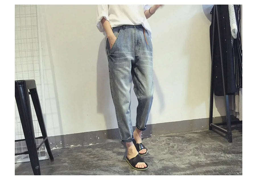 16023 Women's Jeans Spring Korean Style Loose Office Ladies Streetwear Solid Color Light Blue Elastic Bleach Scratch Denim Pants