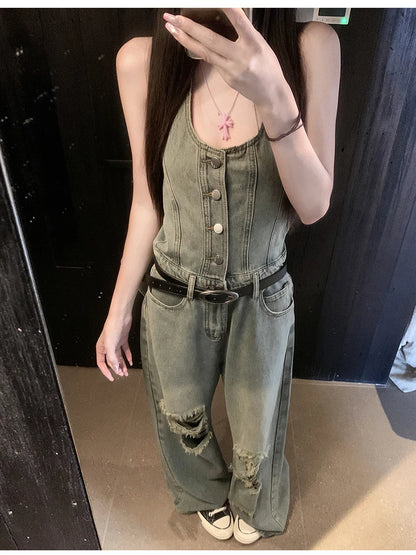 Women's Casual Denim Overalls Vintage Button Down Sexy Backless Holes Hollow Out Ripped Denim Full Pants Female 2024 New Jeans