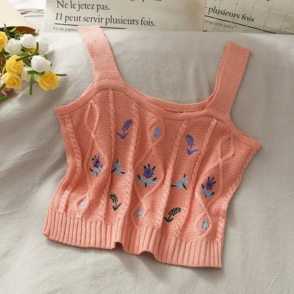 ITOOLIN Women Flower Embroidery Crop Tops Knitted Casual Tube Tops Casual Ribbed Cute Tops Women Summer Cute Crop Tops 2024