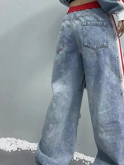 European Style Women's Jeans 2025 Autumn New Heavy-Duty Distressed Frayed Edge Letter Print Drawstring Long Pants Jeans Woman