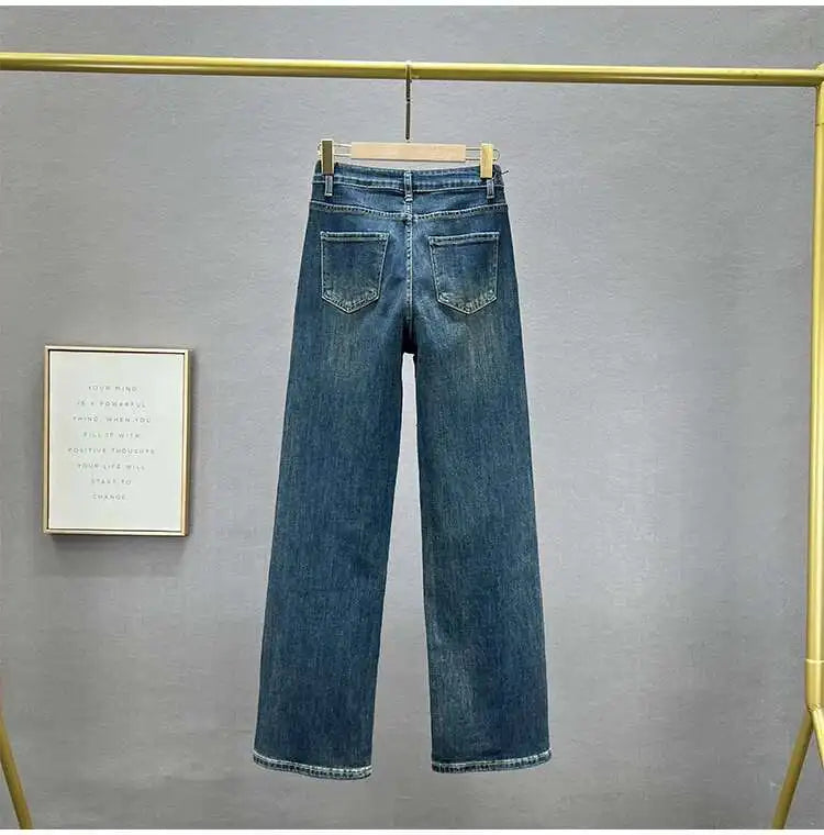 Fashion Women's Jeans High Waist One Side Plaid Shape Diamonds Wide Leg Denim Pants 2025 New Classic Straight Trousers