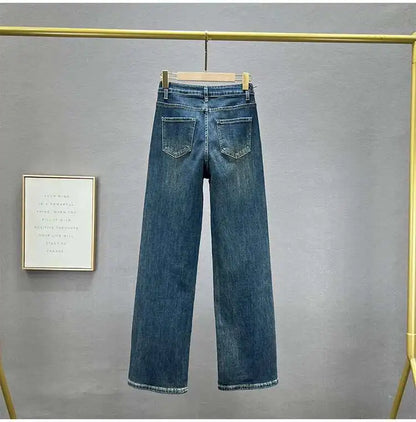 Fashion Women's Jeans High Waist One Side Plaid Shape Diamonds Wide Leg Denim Pants 2025 New Classic Straight Trousers
